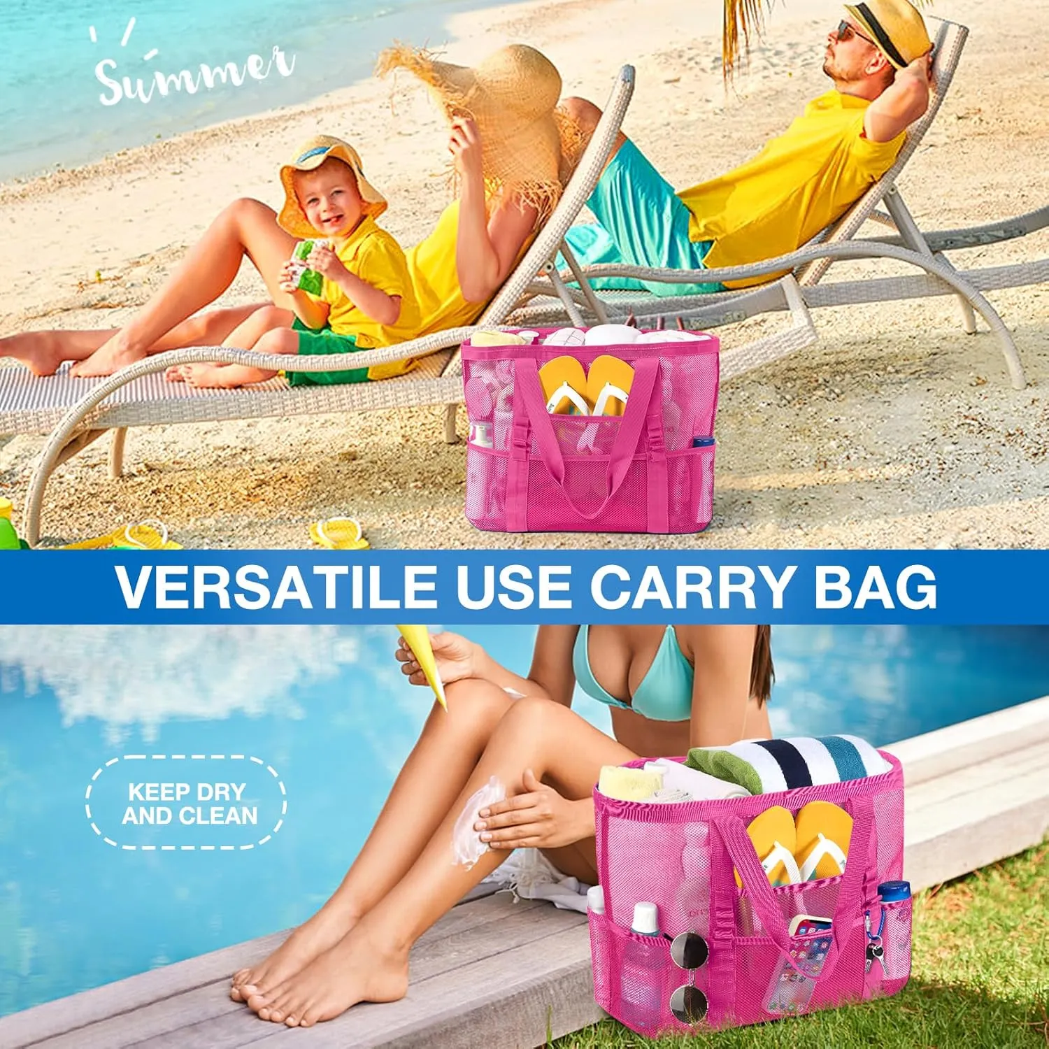 KPX Mesh Beach Bag, Large Beach Tote Bags for Women Foldable Mesh Swimming Pool Bag with Mini Pockets - Sandproof, Waterproof