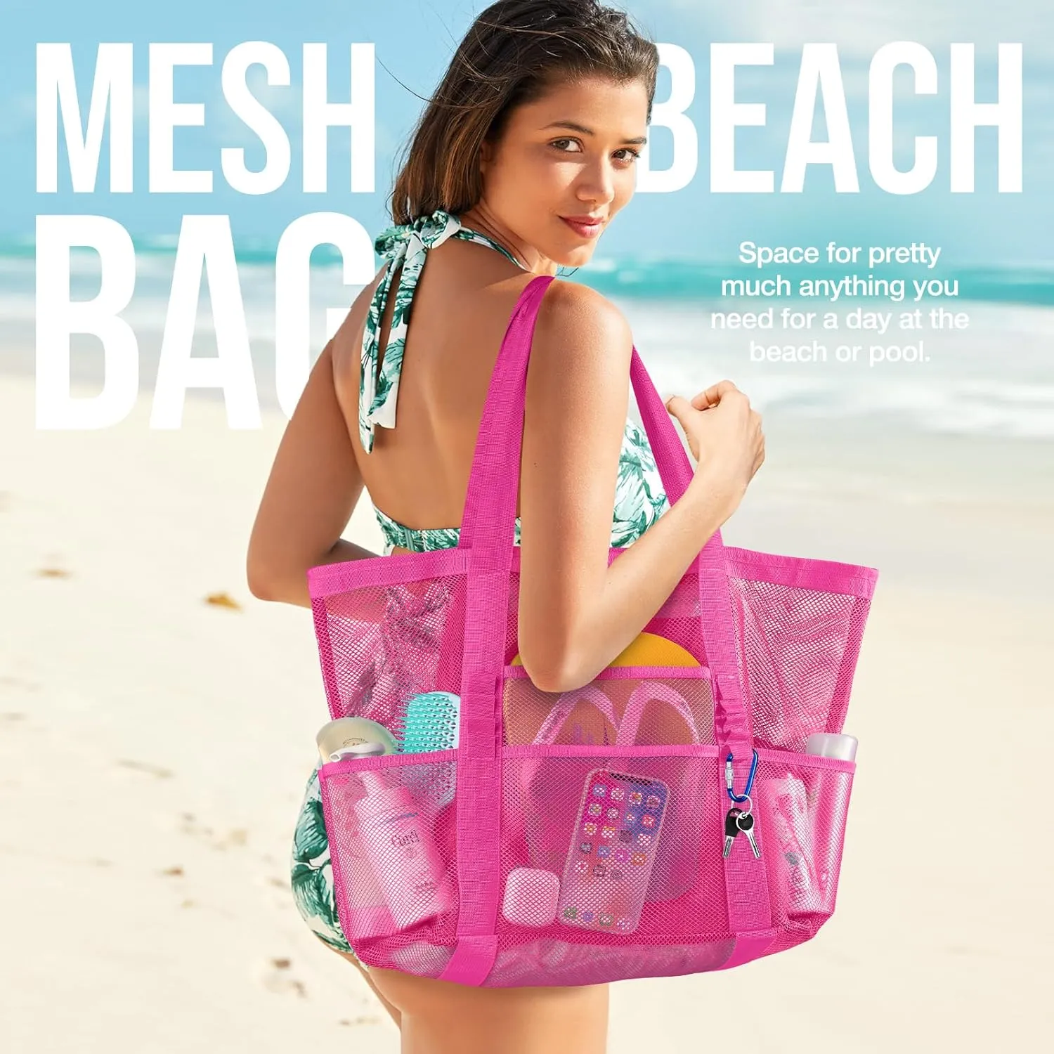 KPX Mesh Beach Bag, Large Beach Tote Bags for Women Foldable Mesh Swimming Pool Bag with Mini Pockets - Sandproof, Waterproof
