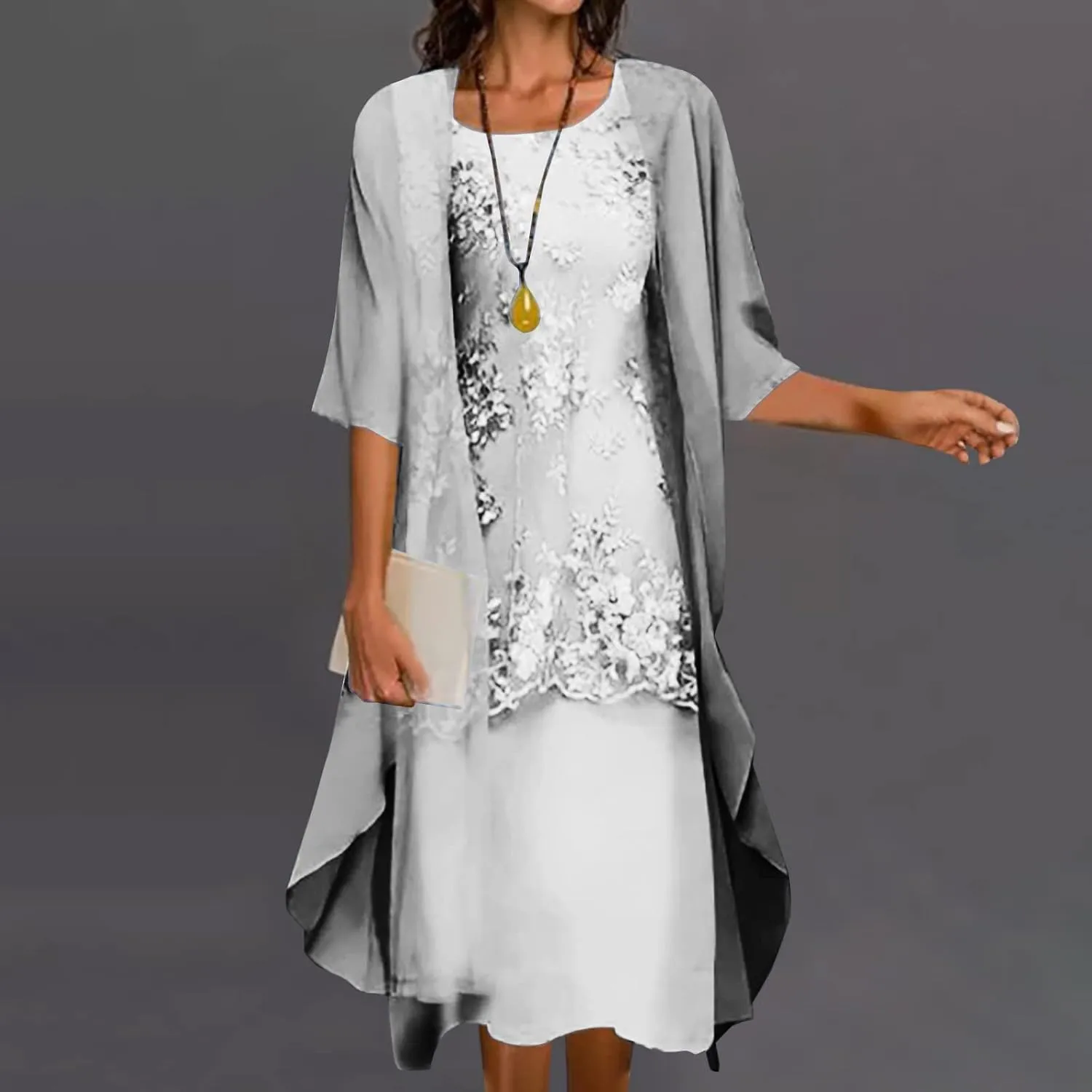 Lace Dress for Women Mother of The Bride Formal Dress 2 Piece with Chiffon Jackets Sleeveless Embroidery Dresses