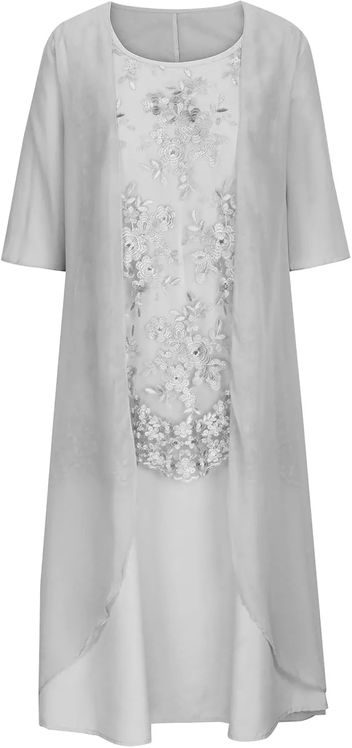 Lace Dress for Women Mother of The Bride Formal Dress 2 Piece with Chiffon Jackets Sleeveless Embroidery Dresses