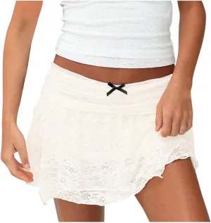 Lace Mini Skirt for Women Solid Color Pleat Ruffle Layered Mesh Sheer Skirt Summer Cute Layered Flowy A Line Skirts