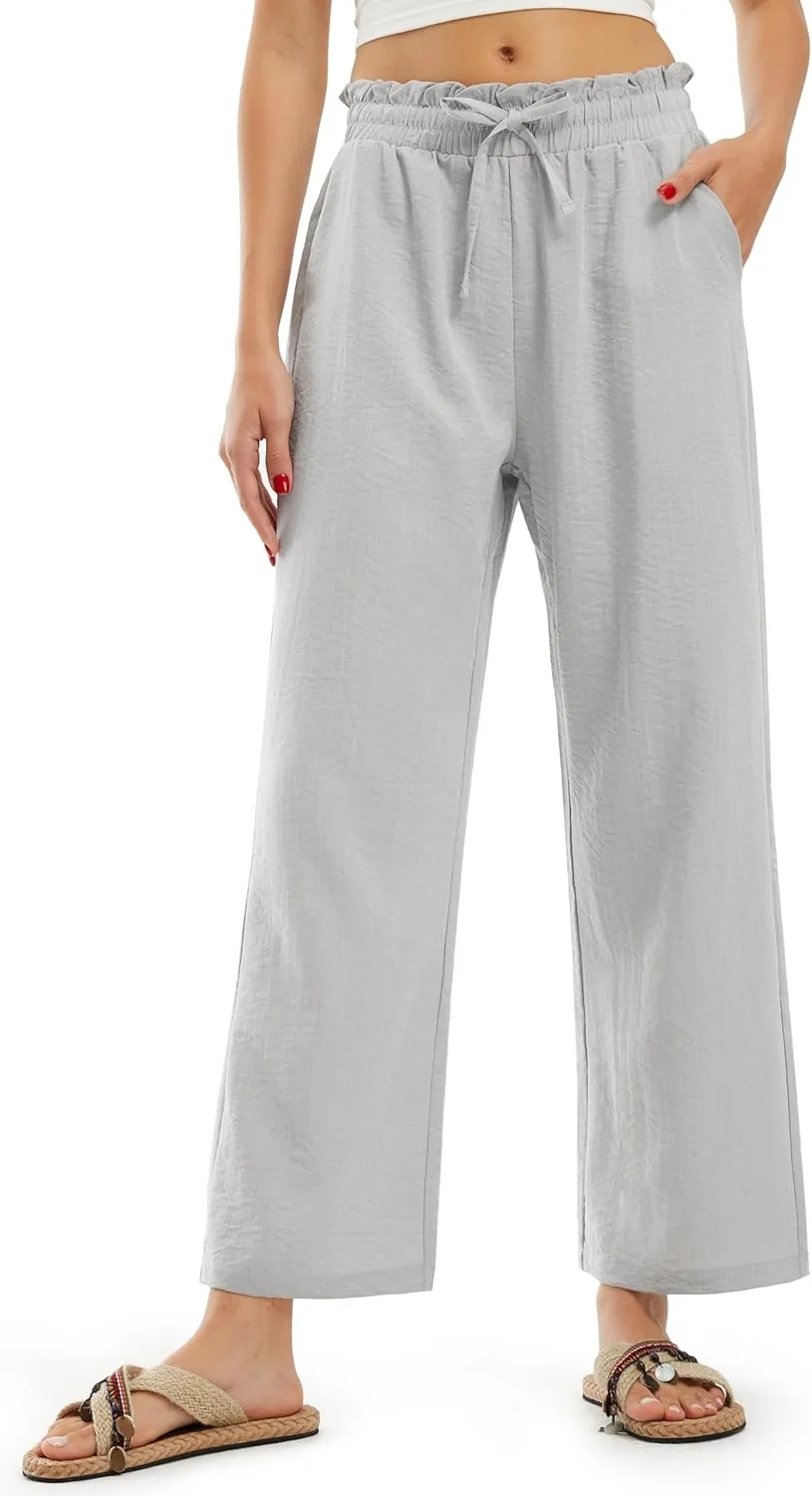 Libin Women's Imitation Linen Pants High Waist Wide Leg Casual Palazzo Pants Beach Cropped Trousers Summer Outfits