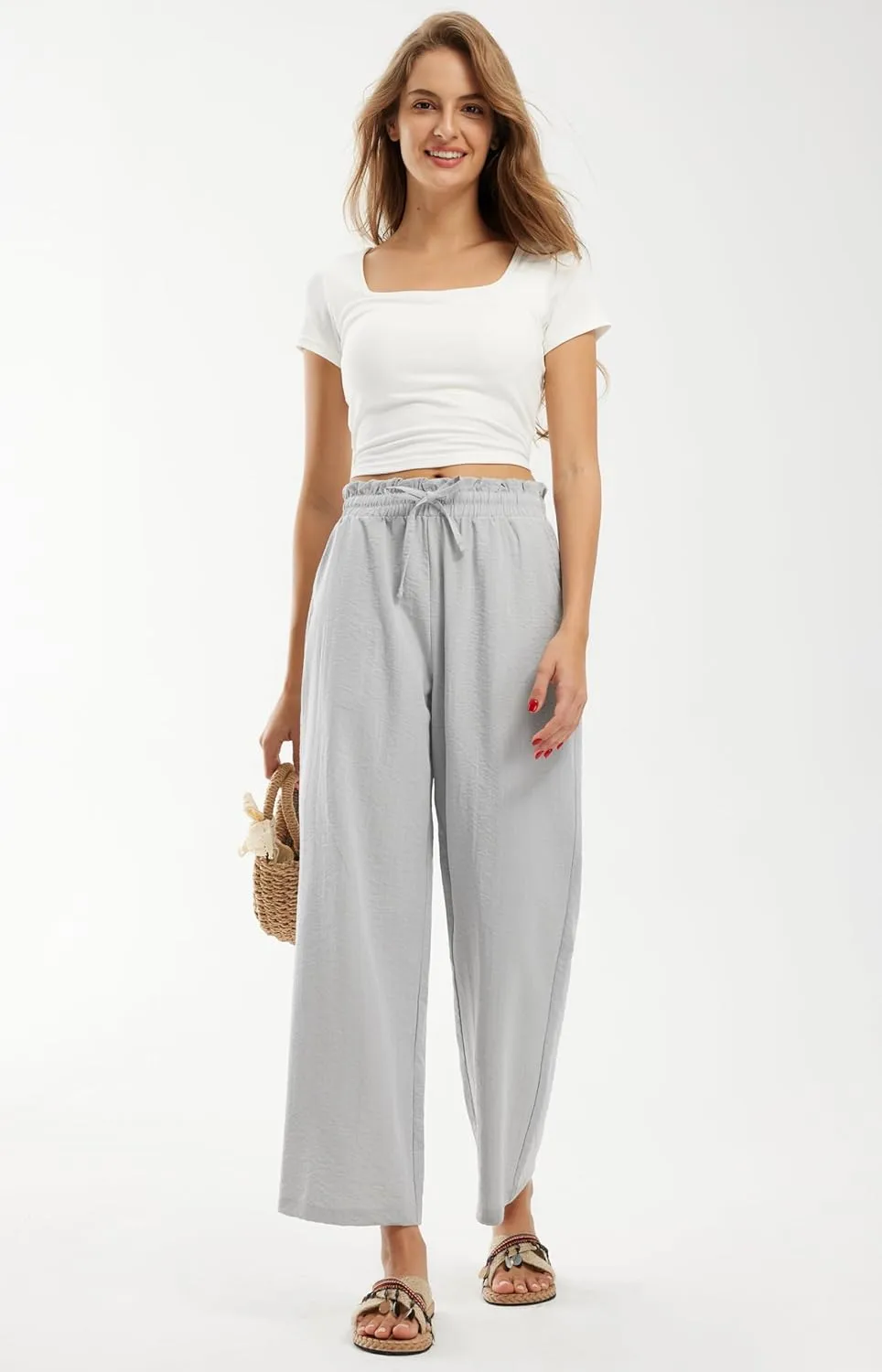 Libin Women's Imitation Linen Pants High Waist Wide Leg Casual Palazzo Pants Beach Cropped Trousers Summer Outfits