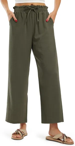 Libin Women's Imitation Linen Pants High Waist Wide Leg Casual Palazzo Pants Beach Cropped Trousers Summer Outfits