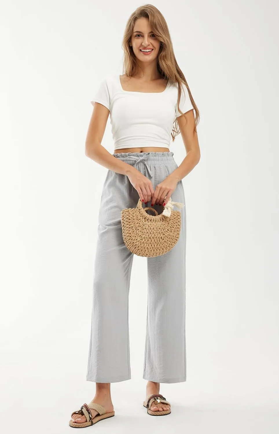 Libin Women's Imitation Linen Pants High Waist Wide Leg Casual Palazzo Pants Beach Cropped Trousers Summer Outfits