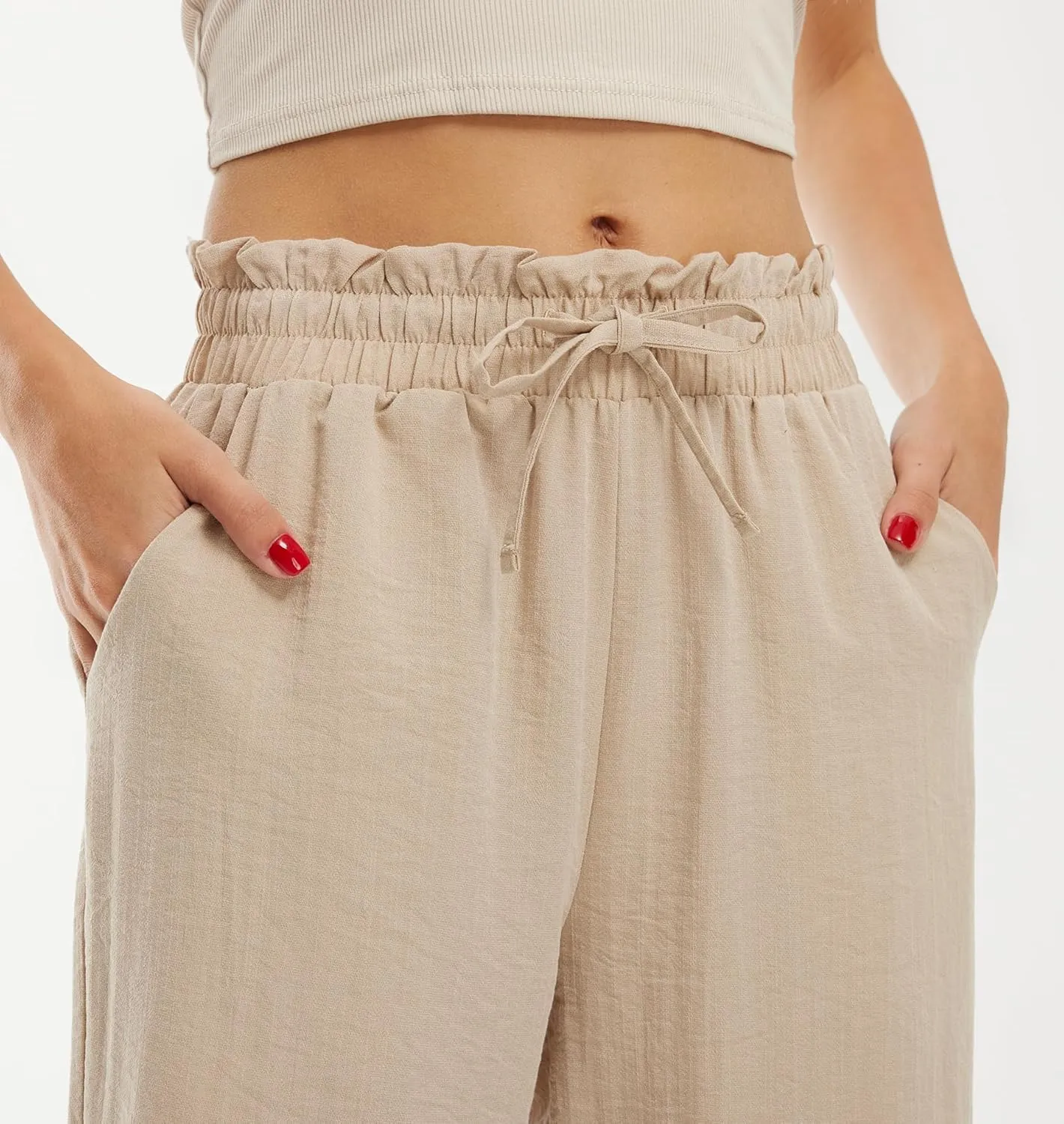 Libin Women's Imitation Linen Pants High Waist Wide Leg Casual Palazzo Pants Beach Cropped Trousers Summer Outfits