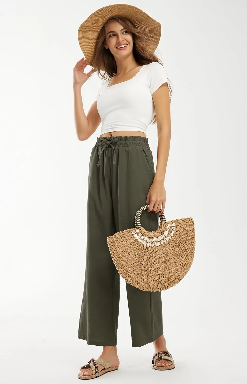 Libin Women's Imitation Linen Pants High Waist Wide Leg Casual Palazzo Pants Beach Cropped Trousers Summer Outfits