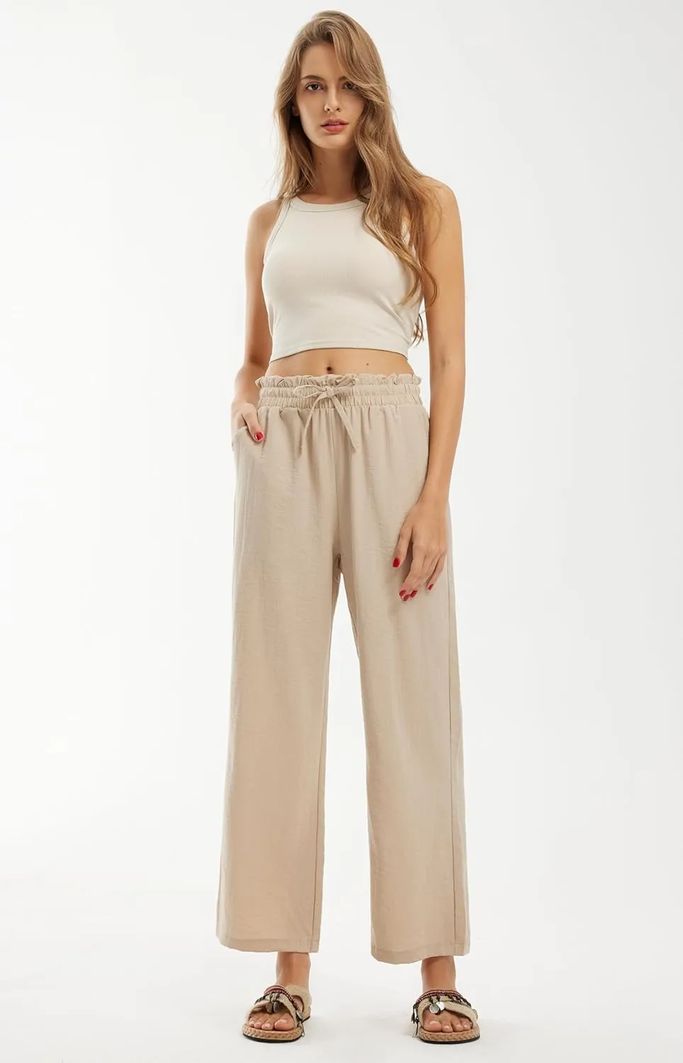 Libin Women's Imitation Linen Pants High Waist Wide Leg Casual Palazzo Pants Beach Cropped Trousers Summer Outfits