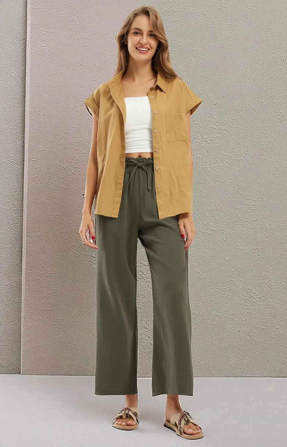 Libin Women's Imitation Linen Pants High Waist Wide Leg Casual Palazzo Pants Beach Cropped Trousers Summer Outfits