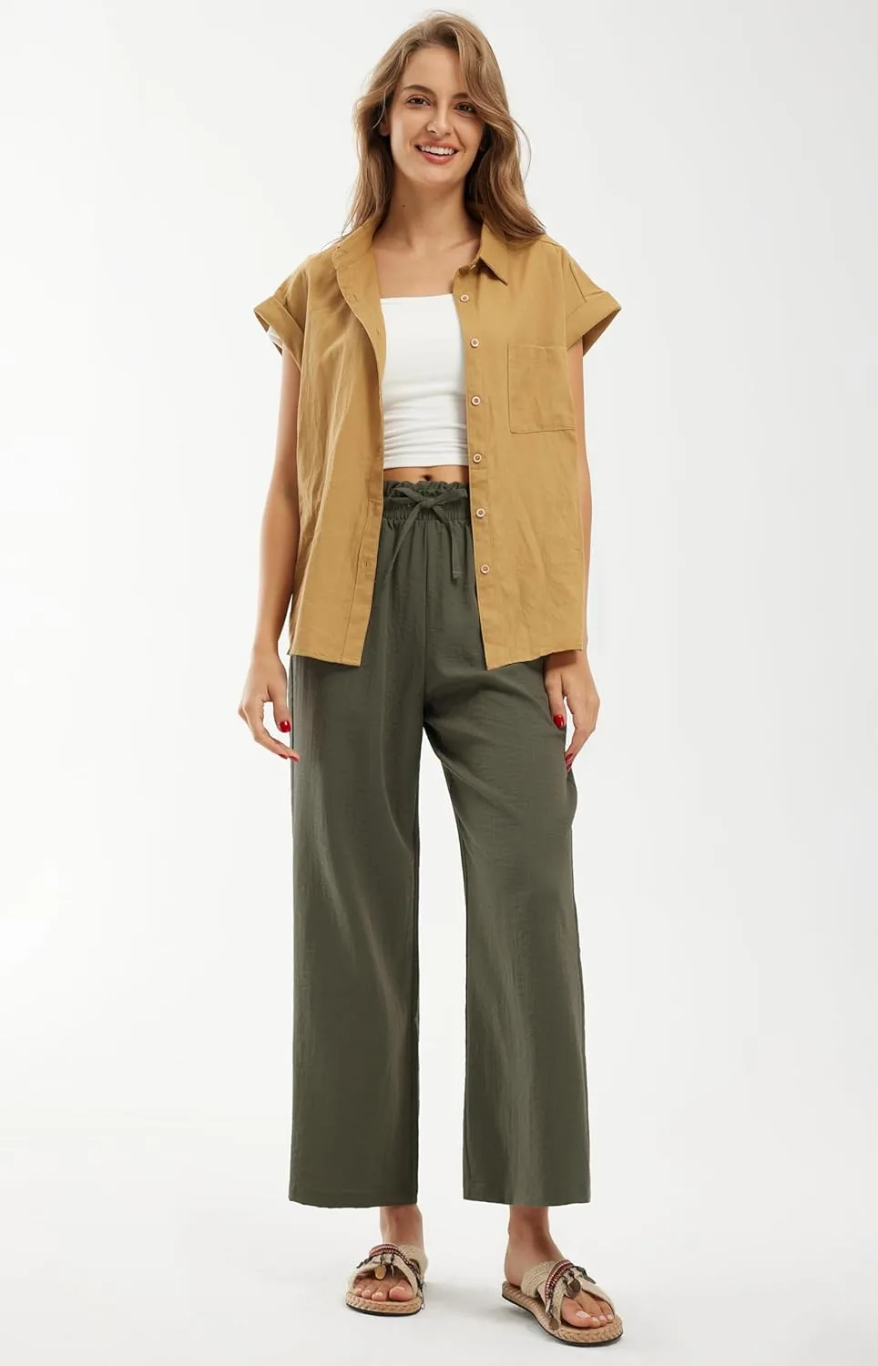 Libin Women's Imitation Linen Pants High Waist Wide Leg Casual Palazzo Pants Beach Cropped Trousers Summer Outfits