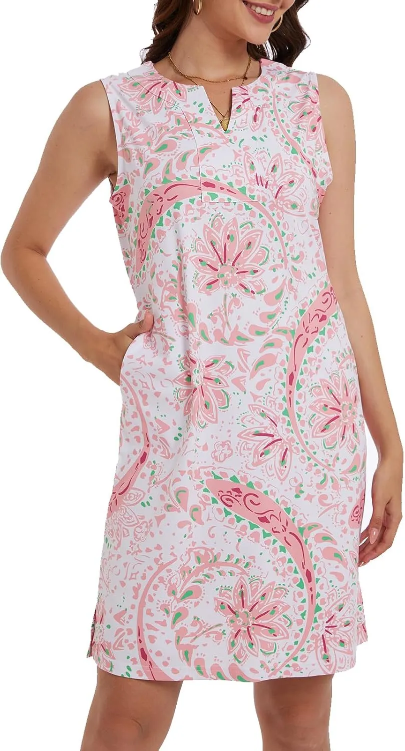 Lightbare Womens UPF 50  Casual Sundress Sleeveless Tank Dress Notch Neck Summer Floral Dresses with Pockets Loose Fit