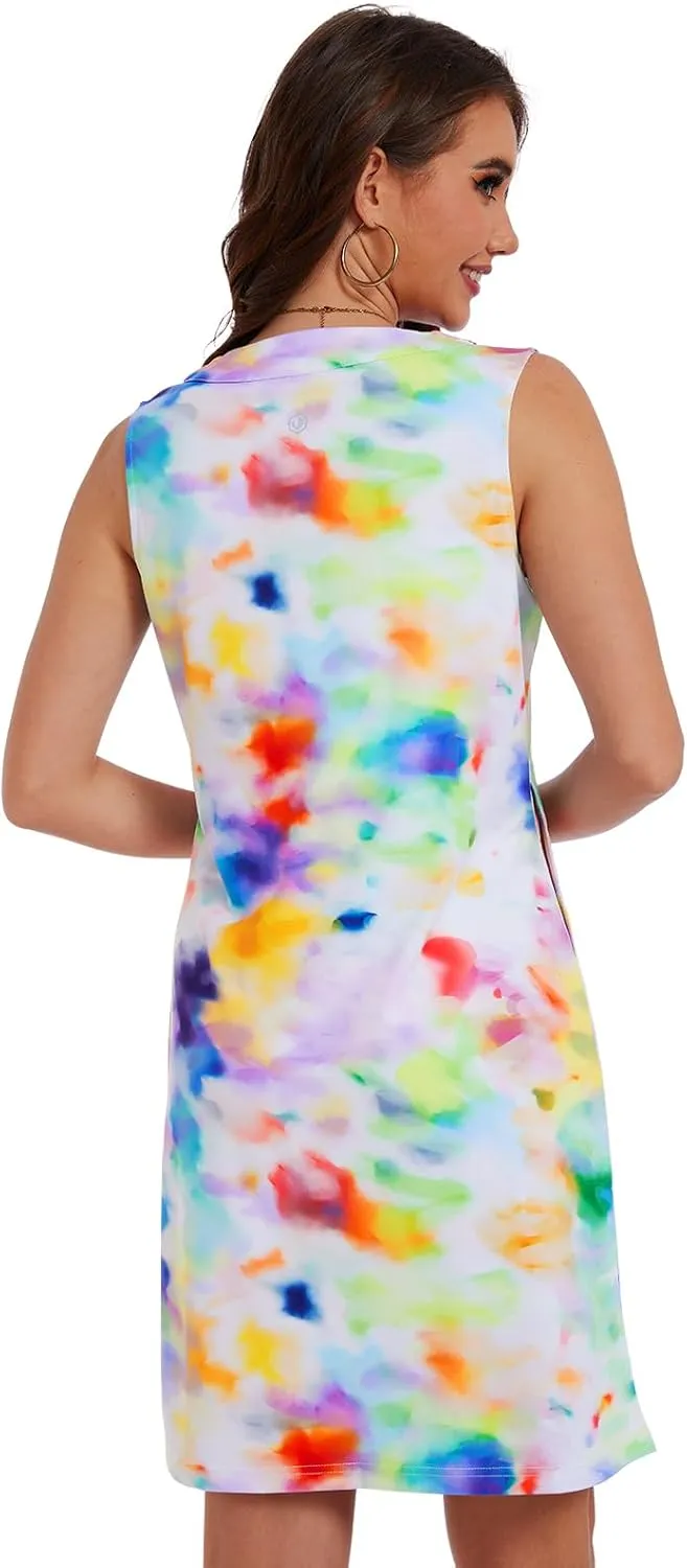 Lightbare Womens UPF 50  Casual Sundress Sleeveless Tank Dress Notch Neck Summer Floral Dresses with Pockets Loose Fit