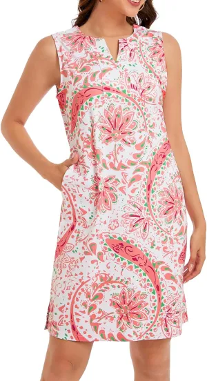 Lightbare Womens UPF 50  Casual Sundress Sleeveless Tank Dress Notch Neck Summer Floral Dresses with Pockets Loose Fit