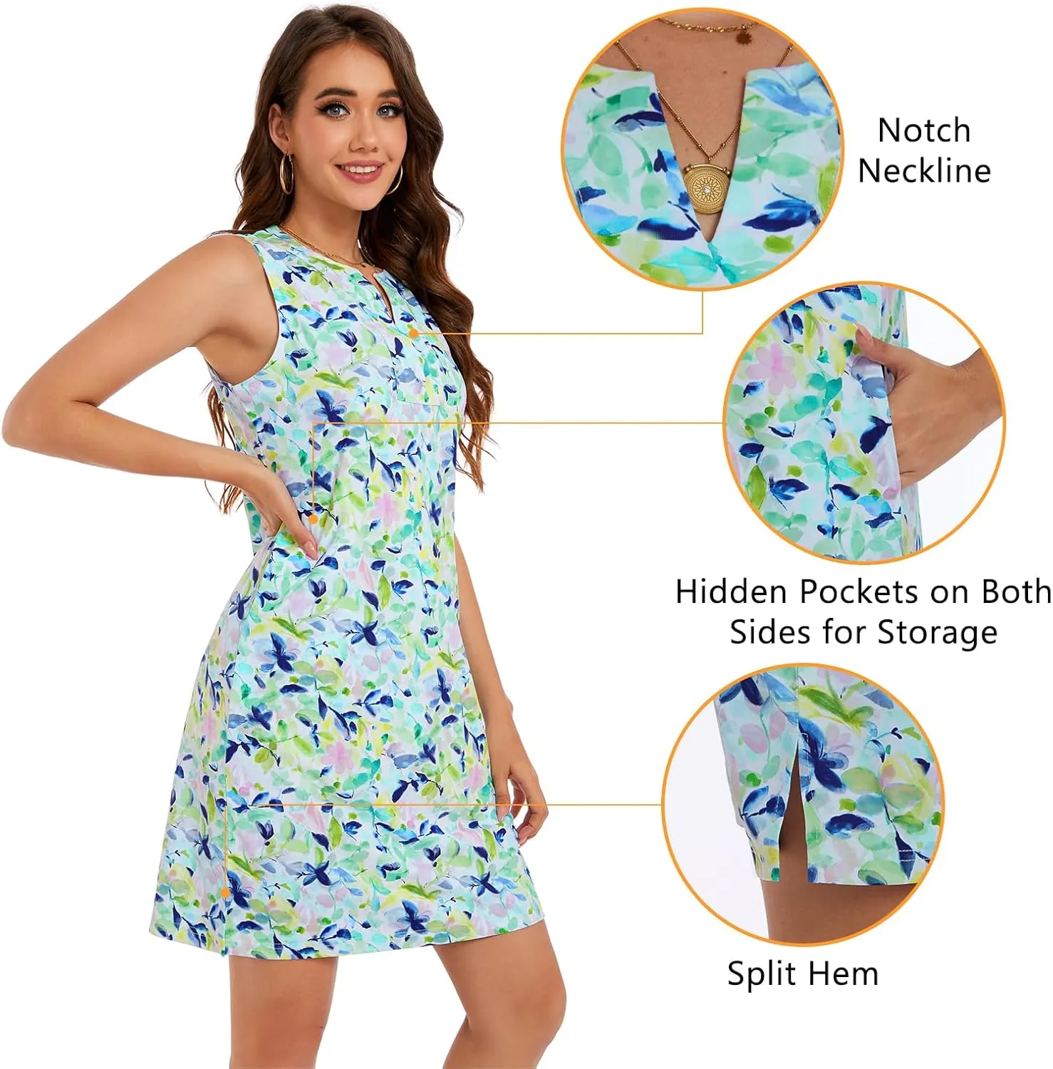 Lightbare Womens UPF 50  Casual Sundress Sleeveless Tank Dress Notch Neck Summer Floral Dresses with Pockets Loose Fit