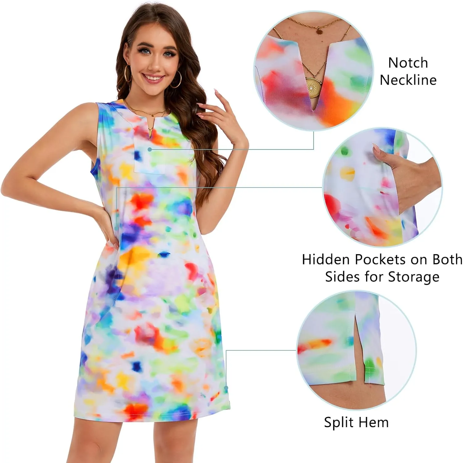 Lightbare Womens UPF 50  Casual Sundress Sleeveless Tank Dress Notch Neck Summer Floral Dresses with Pockets Loose Fit