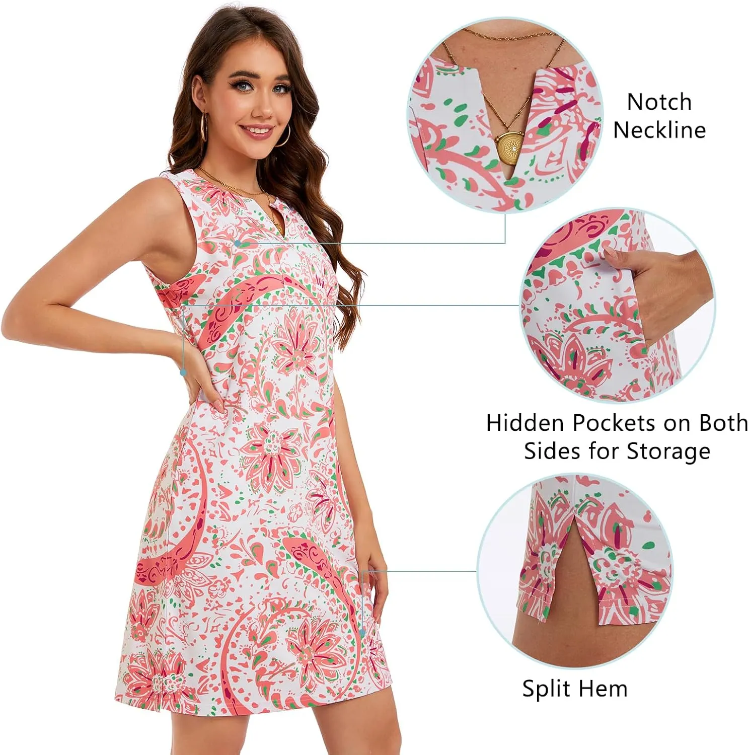 Lightbare Womens UPF 50  Casual Sundress Sleeveless Tank Dress Notch Neck Summer Floral Dresses with Pockets Loose Fit