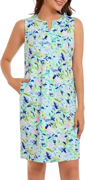 Lightbare Womens UPF 50  Casual Sundress Sleeveless Tank Dress Notch Neck Summer Floral Dresses with Pockets Loose Fit