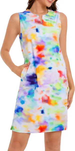 Lightbare Womens UPF 50  Casual Sundress Sleeveless Tank Dress Notch Neck Summer Floral Dresses with Pockets Loose Fit