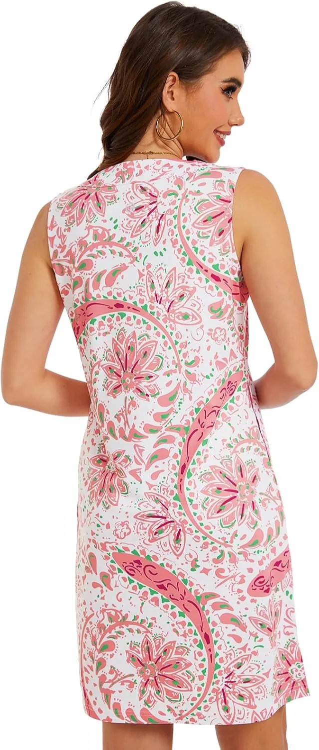 Lightbare Womens UPF 50  Casual Sundress Sleeveless Tank Dress Notch Neck Summer Floral Dresses with Pockets Loose Fit