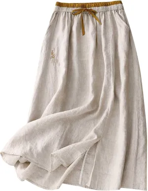 Linen A Line Skirt for Women Casual Elastic Waist Cotton Maxi Skirts Embroidered Boho Summer Skirt