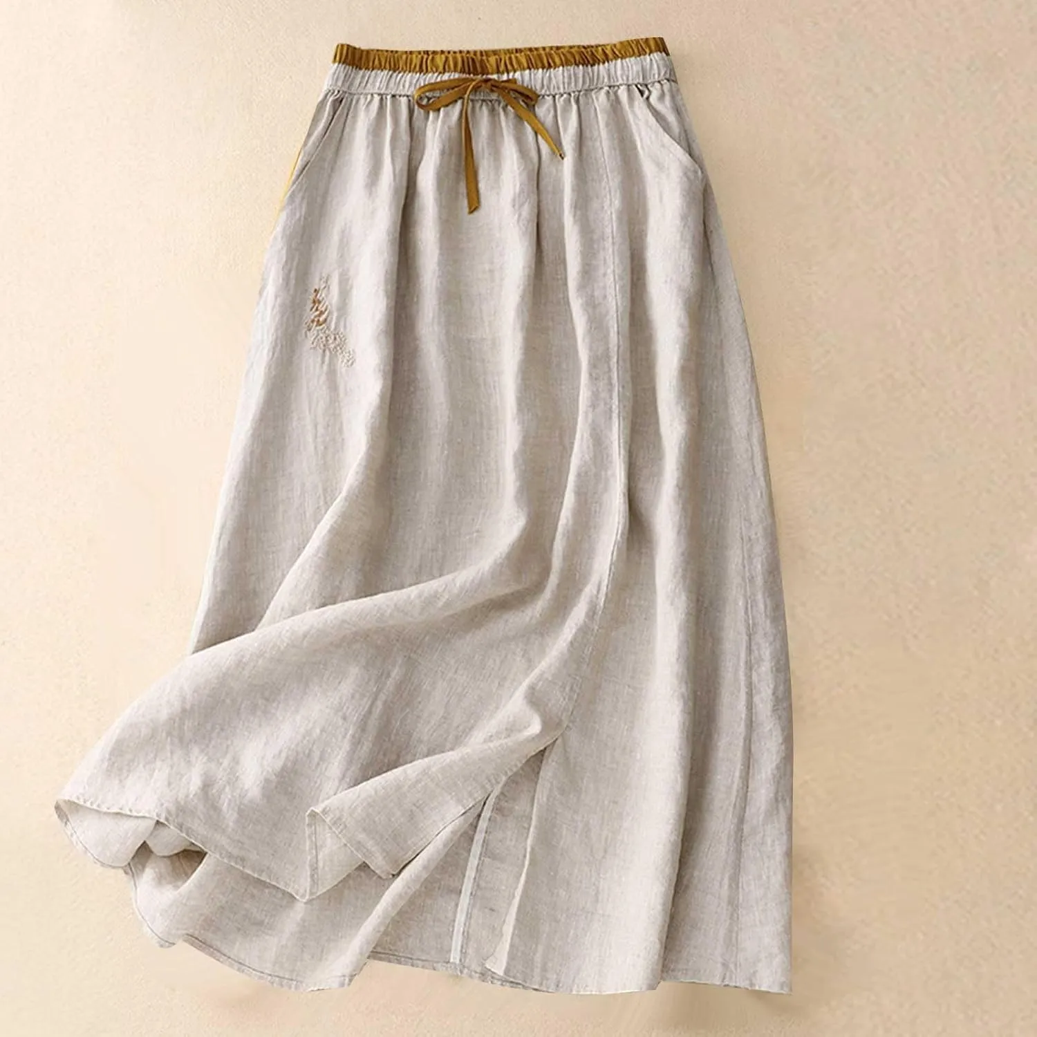 Linen A Line Skirt for Women Casual Elastic Waist Cotton Maxi Skirts Embroidered Boho Summer Skirt