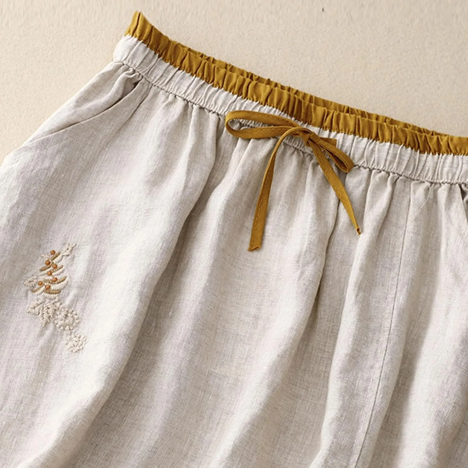 Linen A Line Skirt for Women Casual Elastic Waist Cotton Maxi Skirts Embroidered Boho Summer Skirt