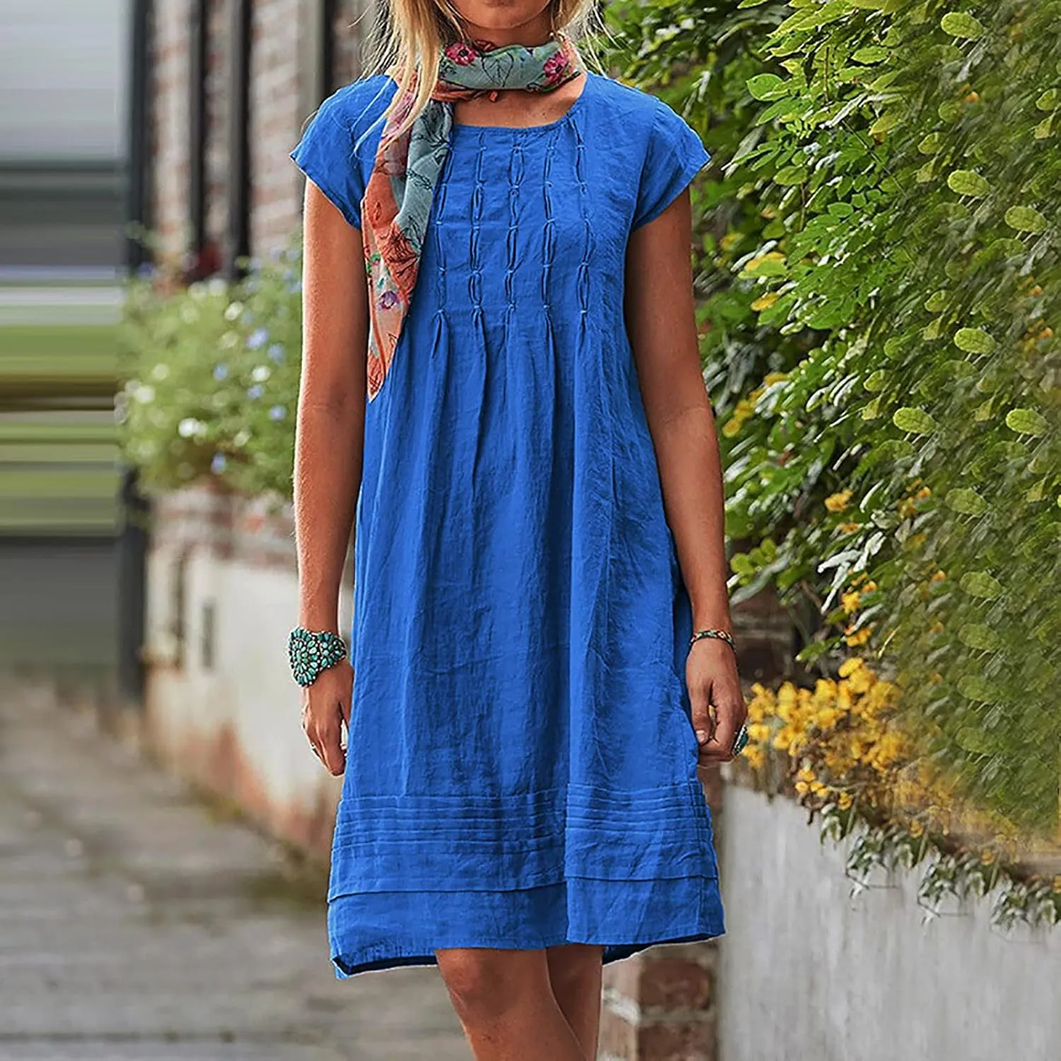Linen Dress for Women 2024 Pleated Summer Casual Dresses Round Neck Short Sleeve Beach Sundress Vacation Mini Dress