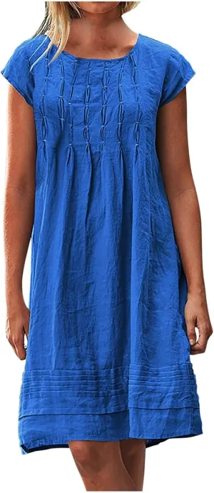 Linen Dress for Women 2024 Pleated Summer Casual Dresses Round Neck Short Sleeve Beach Sundress Vacation Mini Dress
