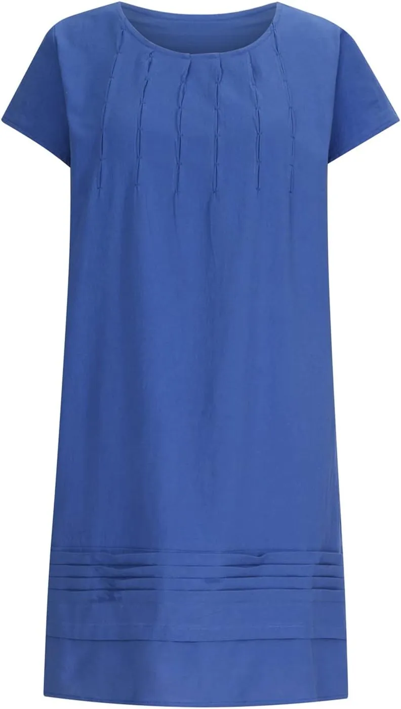 Linen Dress for Women 2024 Pleated Summer Casual Dresses Round Neck Short Sleeve Beach Sundress Vacation Mini Dress