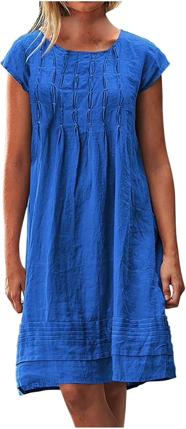 Linen Dress for Women 2024 Pleated Summer Casual Dresses Round Neck Short Sleeve Beach Sundress Vacation Mini Dress