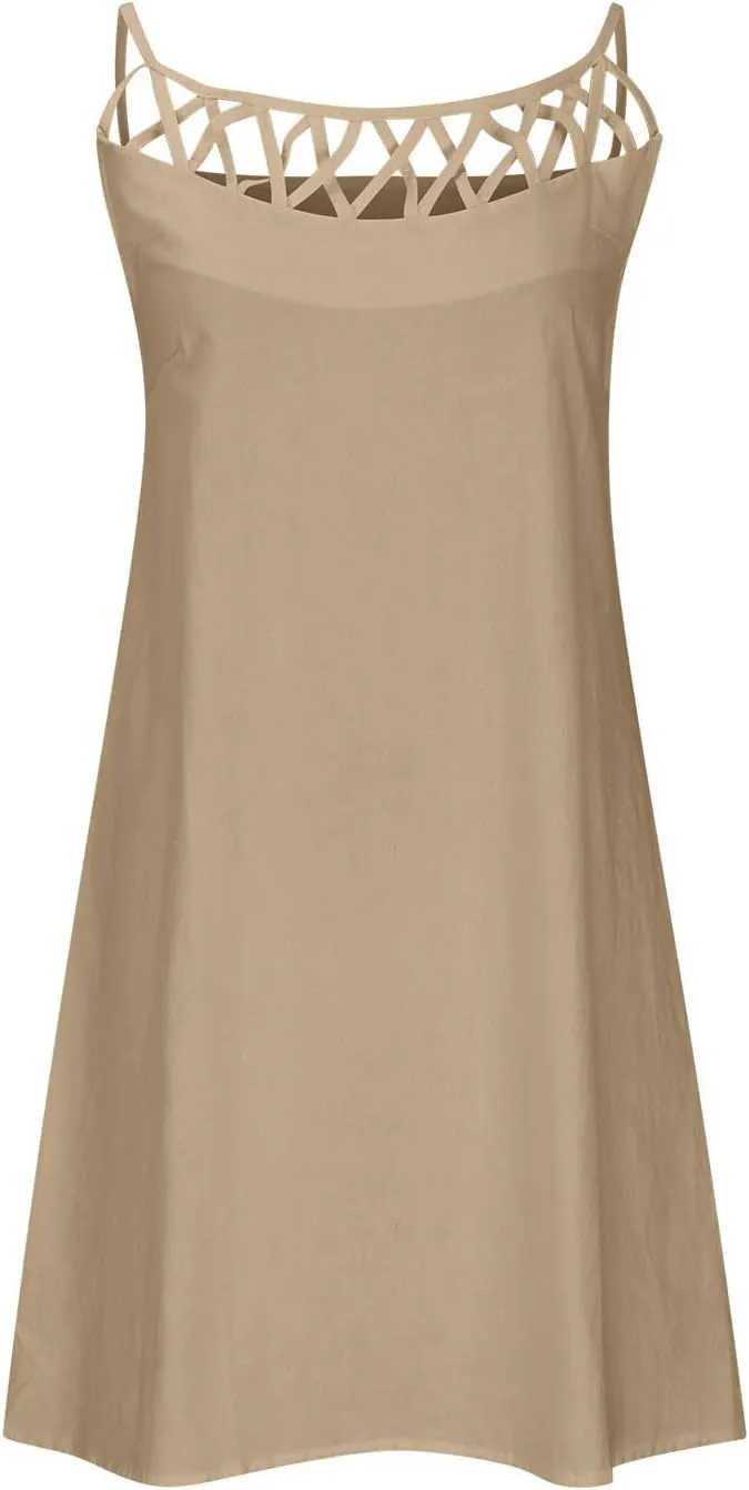 Linen Dress for Women Summer Trendy Loose Round Neck Solid Sundress Casual Sleeveless Vacation Pleated Dresses