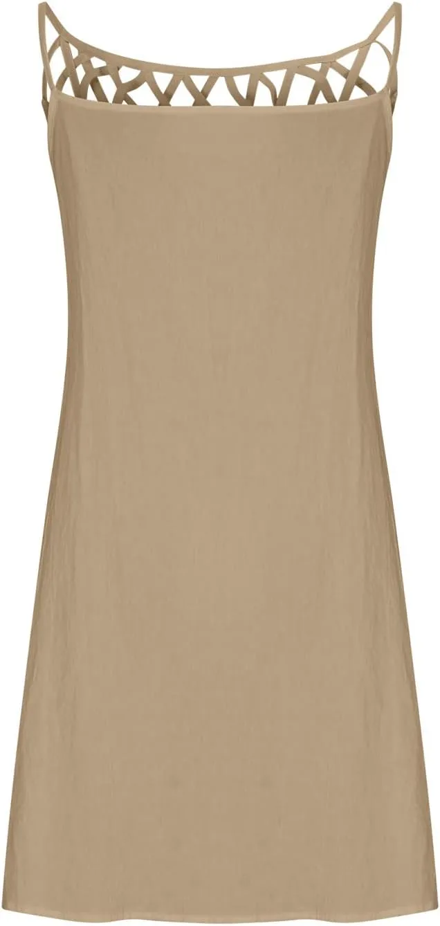 Linen Dress for Women Summer Trendy Loose Round Neck Solid Sundress Casual Sleeveless Vacation Pleated Dresses
