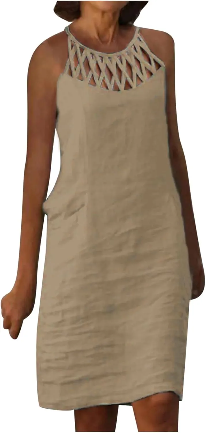 Linen Dress for Women Summer Trendy Loose Round Neck Solid Sundress Casual Sleeveless Vacation Pleated Dresses
