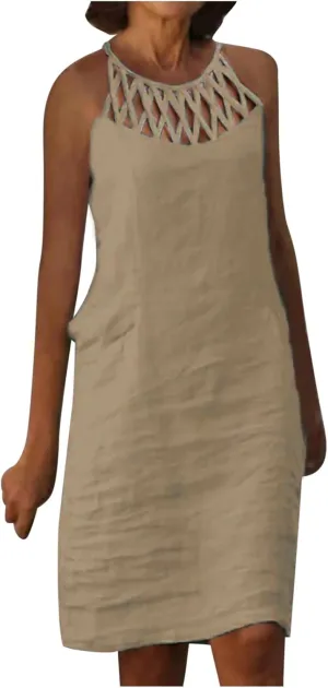 Linen Dress for Women Summer Trendy Loose Round Neck Solid Sundress Casual Sleeveless Vacation Pleated Dresses