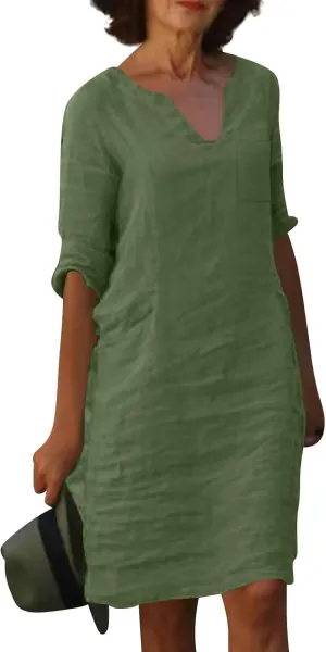 Linen Dress Women 2024,Summer Casual 3/4 Sleeve Tshirt Dress A Line Knee Length Midi Dress Beach Vacation Sun Dresses