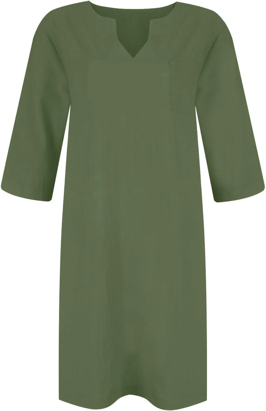 Linen Dress Women 2024,Summer Casual 3/4 Sleeve Tshirt Dress A Line Knee Length Midi Dress Beach Vacation Sun Dresses