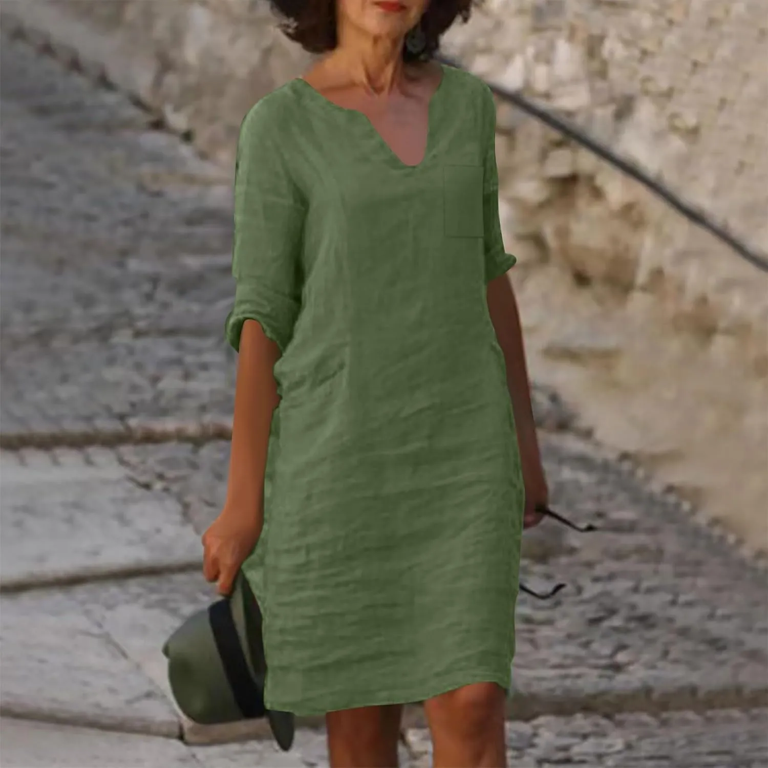 Linen Dress Women 2024,Summer Casual 3/4 Sleeve Tshirt Dress A Line Knee Length Midi Dress Beach Vacation Sun Dresses