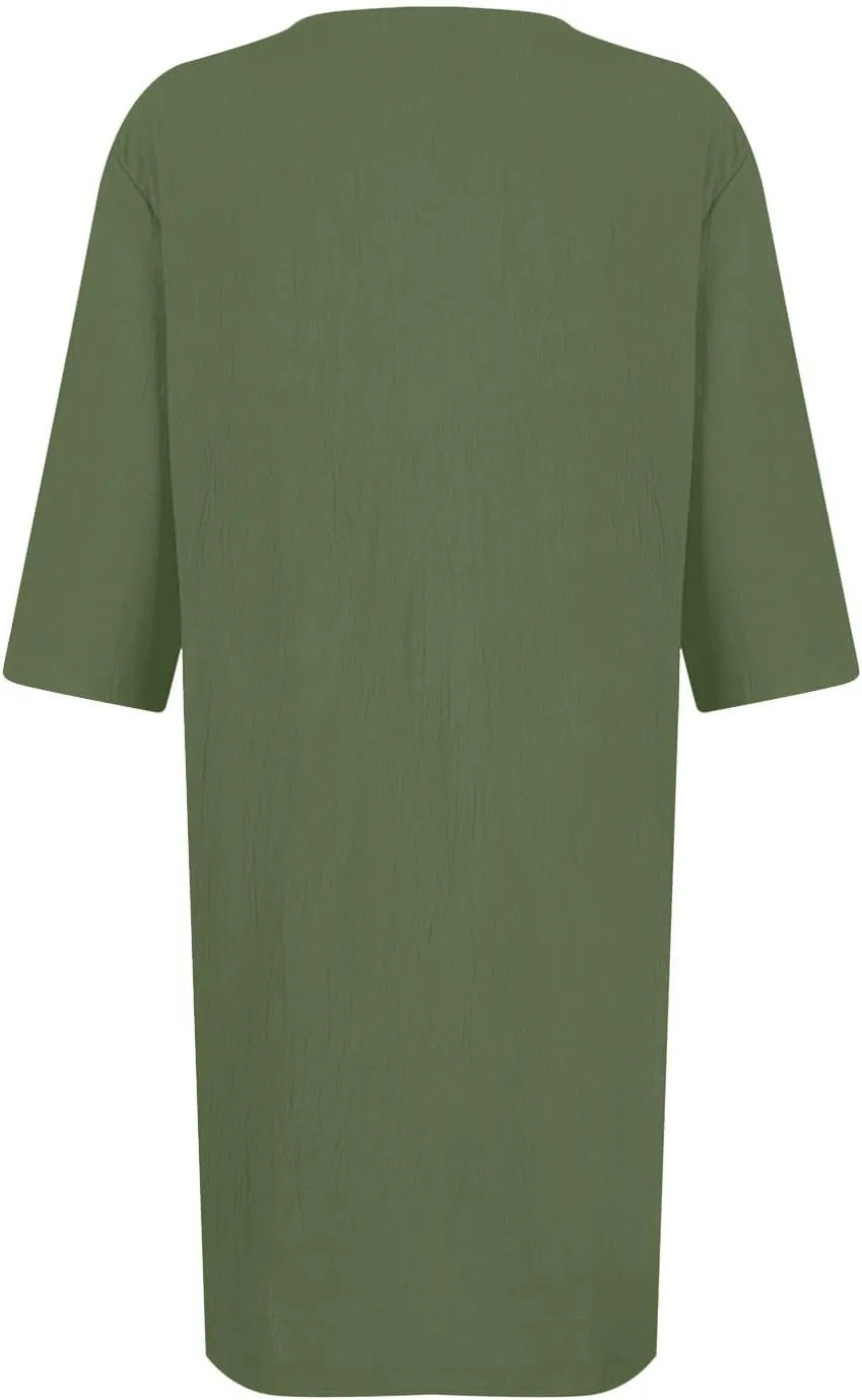 Linen Dress Women 2024,Summer Casual 3/4 Sleeve Tshirt Dress A Line Knee Length Midi Dress Beach Vacation Sun Dresses