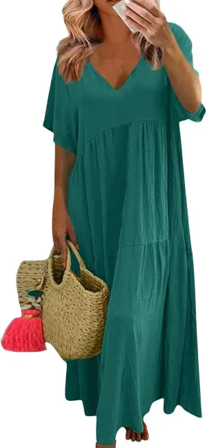 Linen Dress Womens Maxi Dresses 2025 Summer Short Sleeve V Neck Plain Smocked Flowy Long Beach Vacation Sundresses