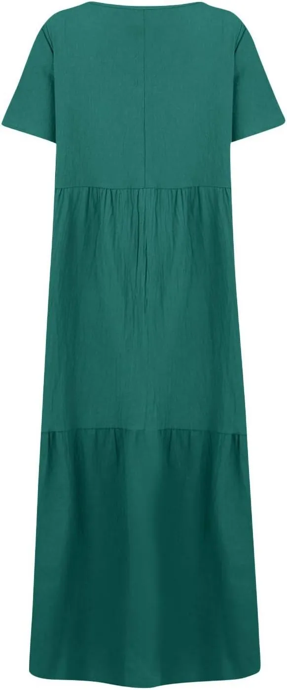 Linen Dress Womens Maxi Dresses 2025 Summer Short Sleeve V Neck Plain Smocked Flowy Long Beach Vacation Sundresses