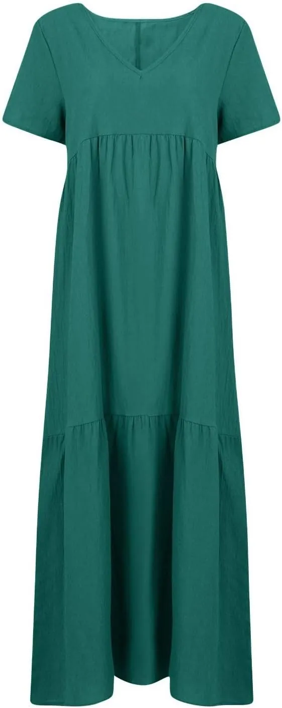 Linen Dress Womens Maxi Dresses 2025 Summer Short Sleeve V Neck Plain Smocked Flowy Long Beach Vacation Sundresses
