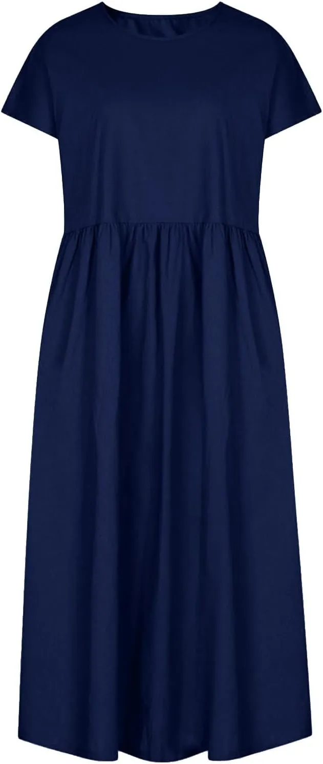 Linen Dresses for Women 2024 Casual Summer Vacation Midi Dress Comfy Loose Fit Smocked Short Sleeve Sun Dresses