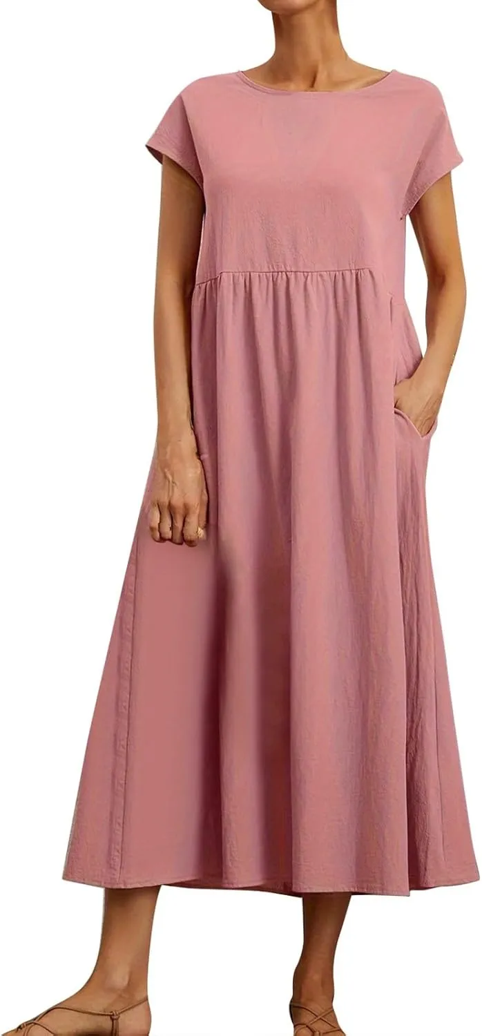 Linen Dresses for Women 2024 Casual Summer Vacation Midi Dress Comfy Loose Fit Smocked Short Sleeve Sun Dresses