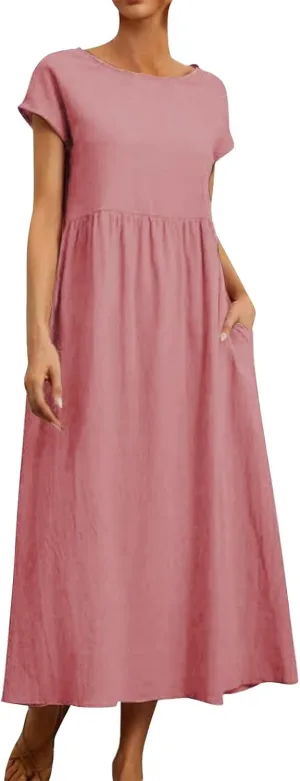 Linen Dresses for Women 2024 Casual Summer Vacation Midi Dress Comfy Loose Fit Smocked Short Sleeve Sun Dresses