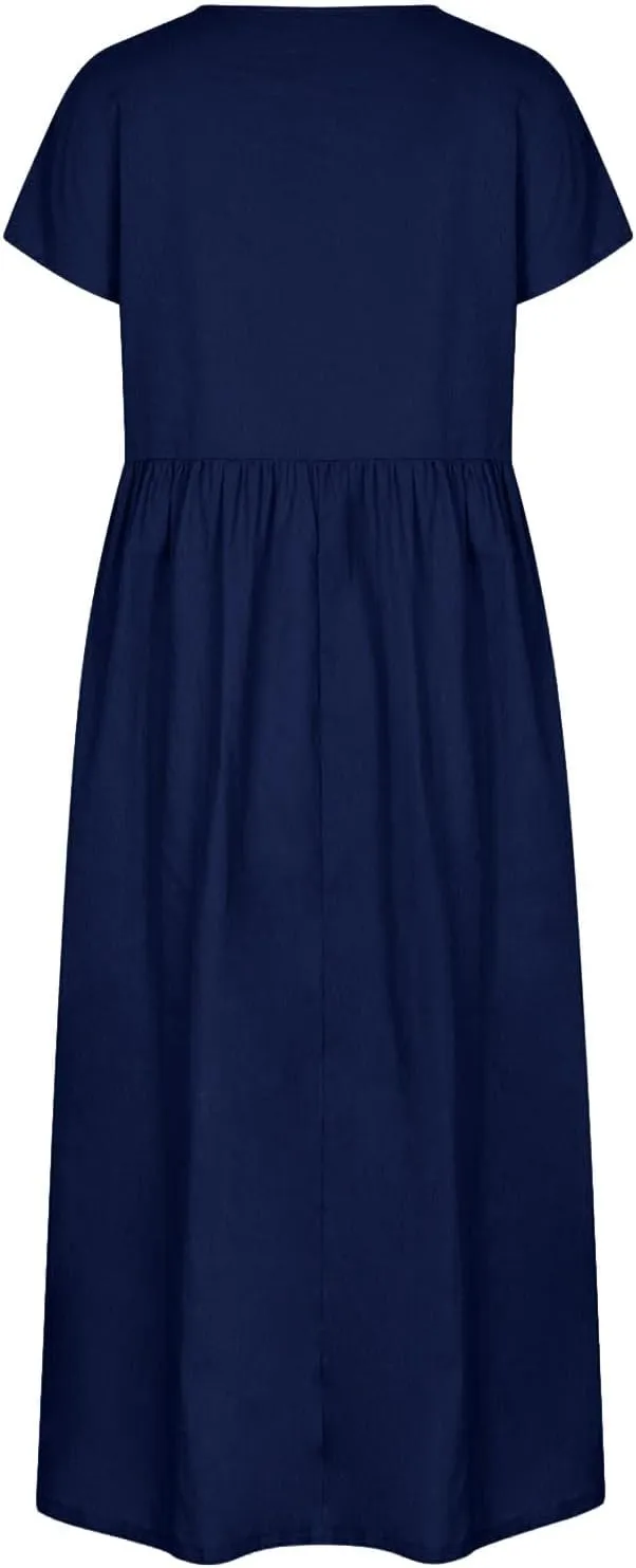 Linen Dresses for Women 2024 Casual Summer Vacation Midi Dress Comfy Loose Fit Smocked Short Sleeve Sun Dresses