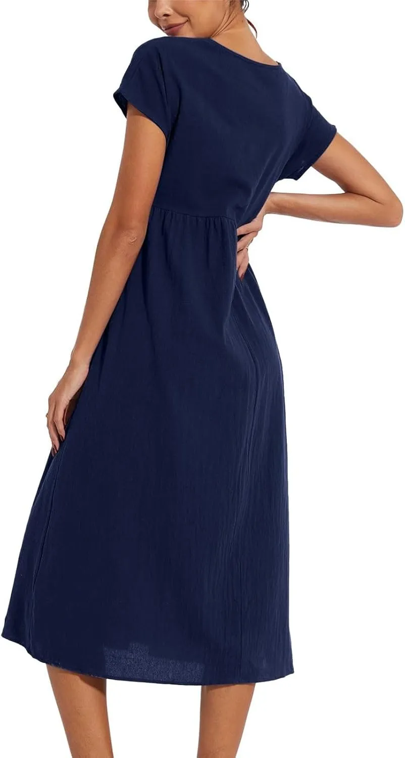 Linen Dresses for Women 2024 Casual Summer Vacation Midi Dress Comfy Loose Fit Smocked Short Sleeve Sun Dresses