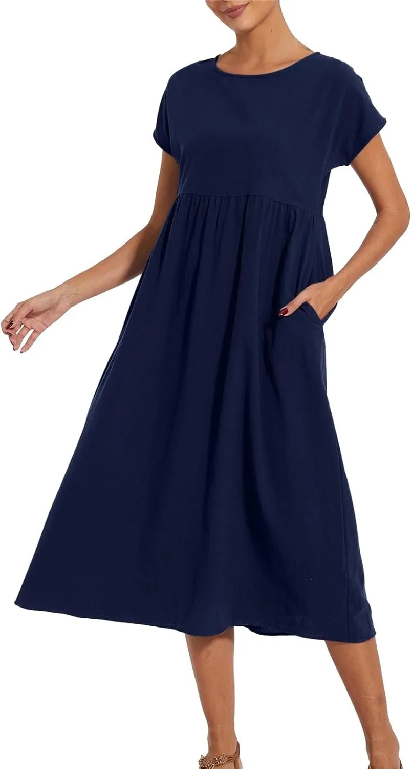 Linen Dresses for Women 2024 Casual Summer Vacation Midi Dress Comfy Loose Fit Smocked Short Sleeve Sun Dresses