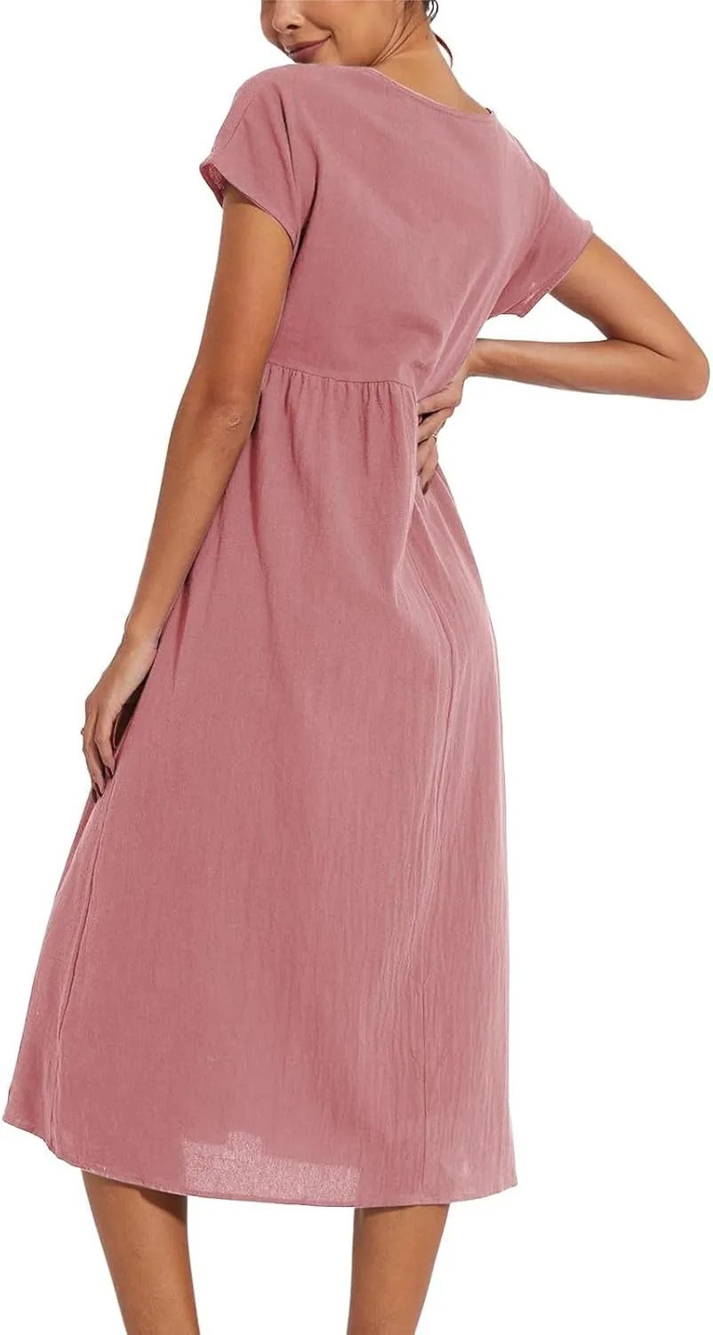 Linen Dresses for Women 2024 Casual Summer Vacation Midi Dress Comfy Loose Fit Smocked Short Sleeve Sun Dresses