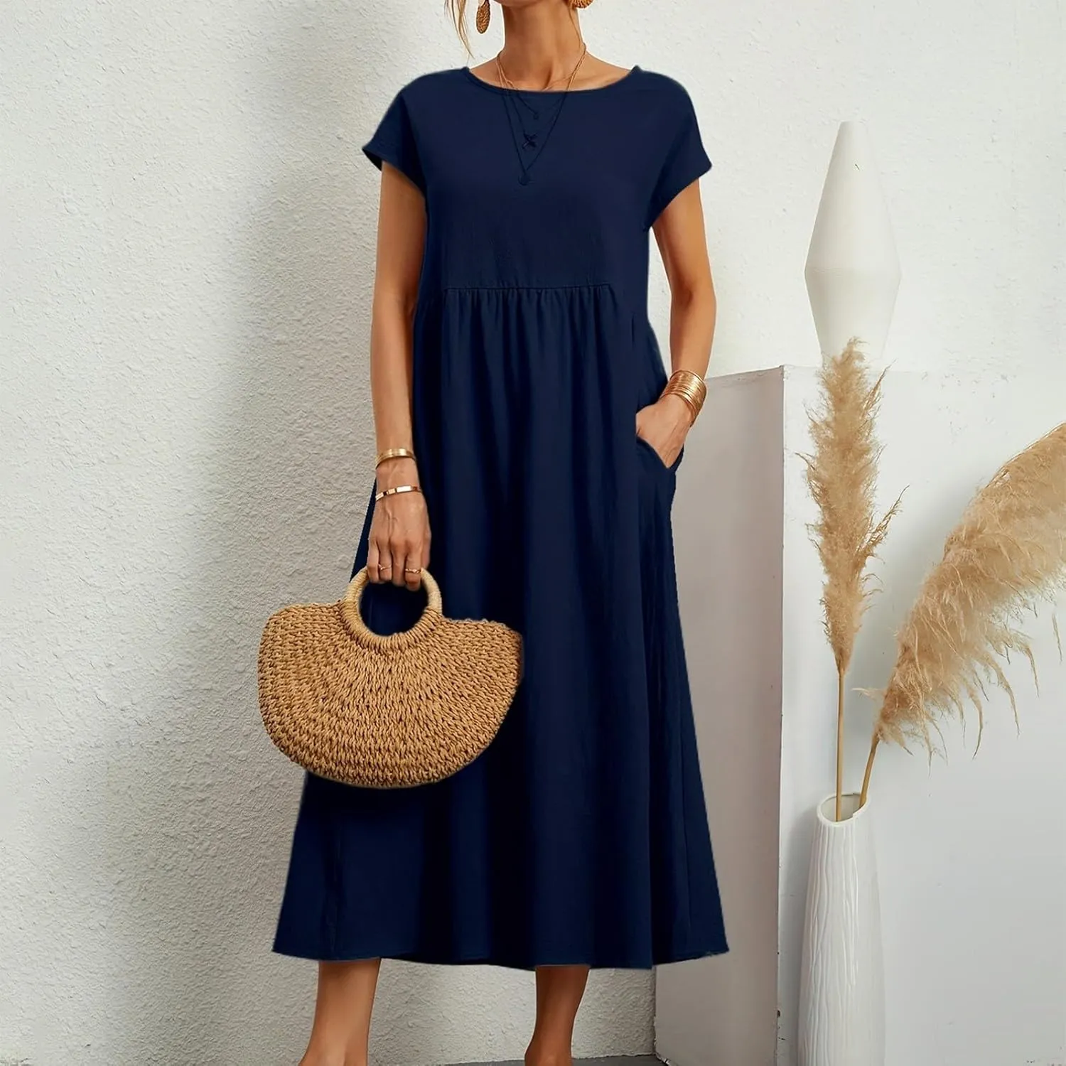 Linen Dresses for Women 2024 Casual Summer Vacation Midi Dress Comfy Loose Fit Smocked Short Sleeve Sun Dresses