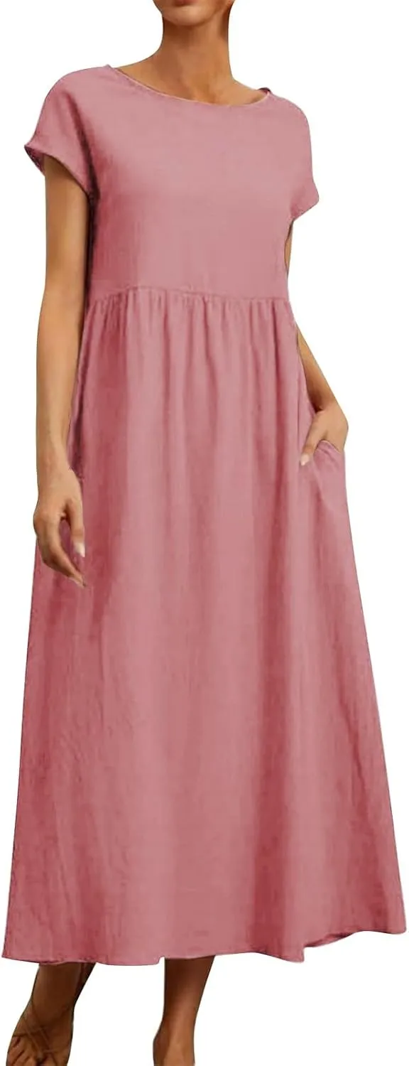 Linen Dresses for Women 2024 Casual Summer Vacation Midi Dress Comfy Loose Fit Smocked Short Sleeve Sun Dresses
